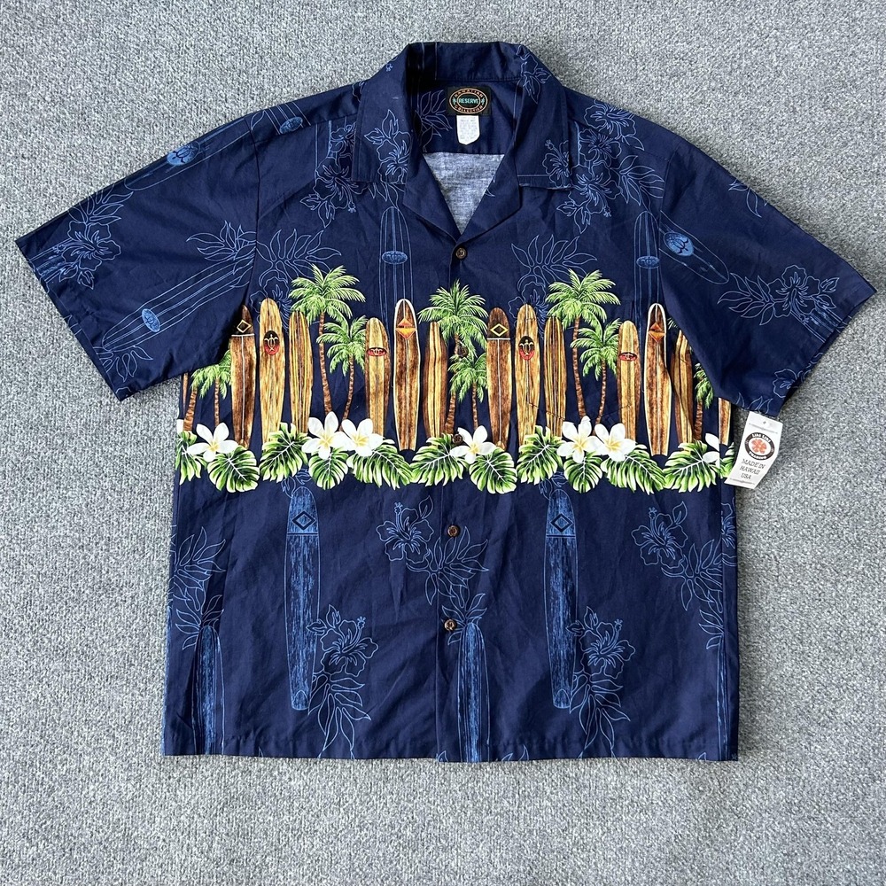 Hawaiian Reserve Collection Shirt Mens XL Blue Surfboard‎ Palm Aloha Cotton USA